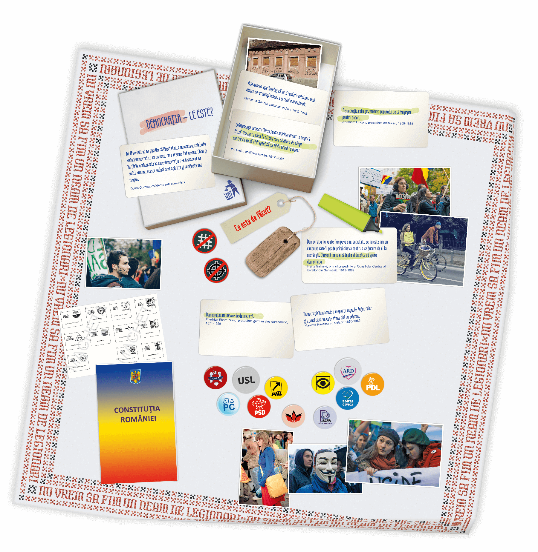 Wanderausstellung gegen Rechtsextremismus in Rumänien; Detail der Intro-Tafel; Tischdecke mit gestickten Motto gegen Rechte in Rumänien: »Wir wollen nicht in einem Land der Legionäre leben …«; weitere Abbildungen gegen Rechts