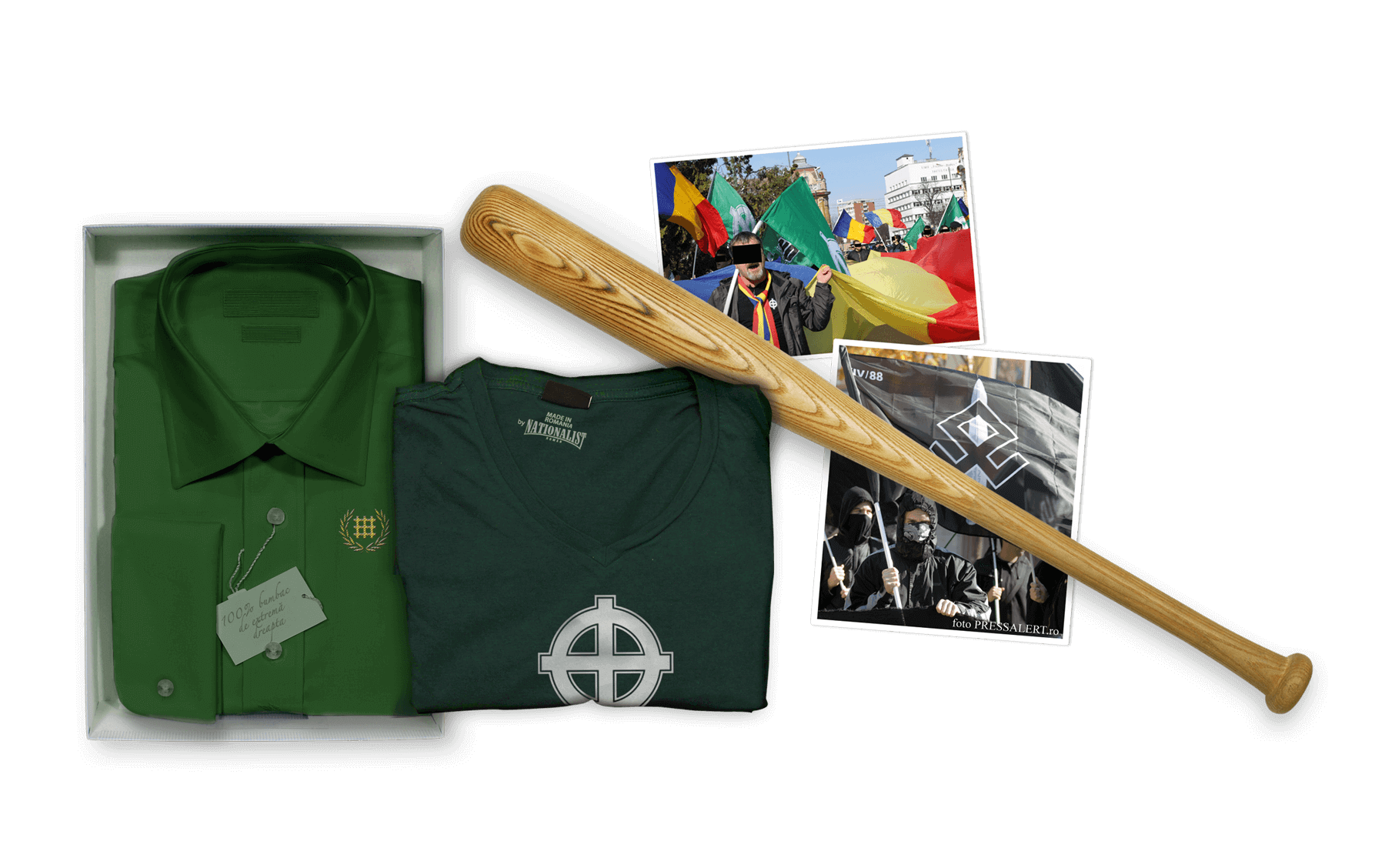 Wanderausstellung gegen Rechtsextremismus in Rumänien; Motivausschnitt; gängige Bekleidung Rechtsextremer in Rumänien; Baseballschläger auf Fotos rechter Gewalt