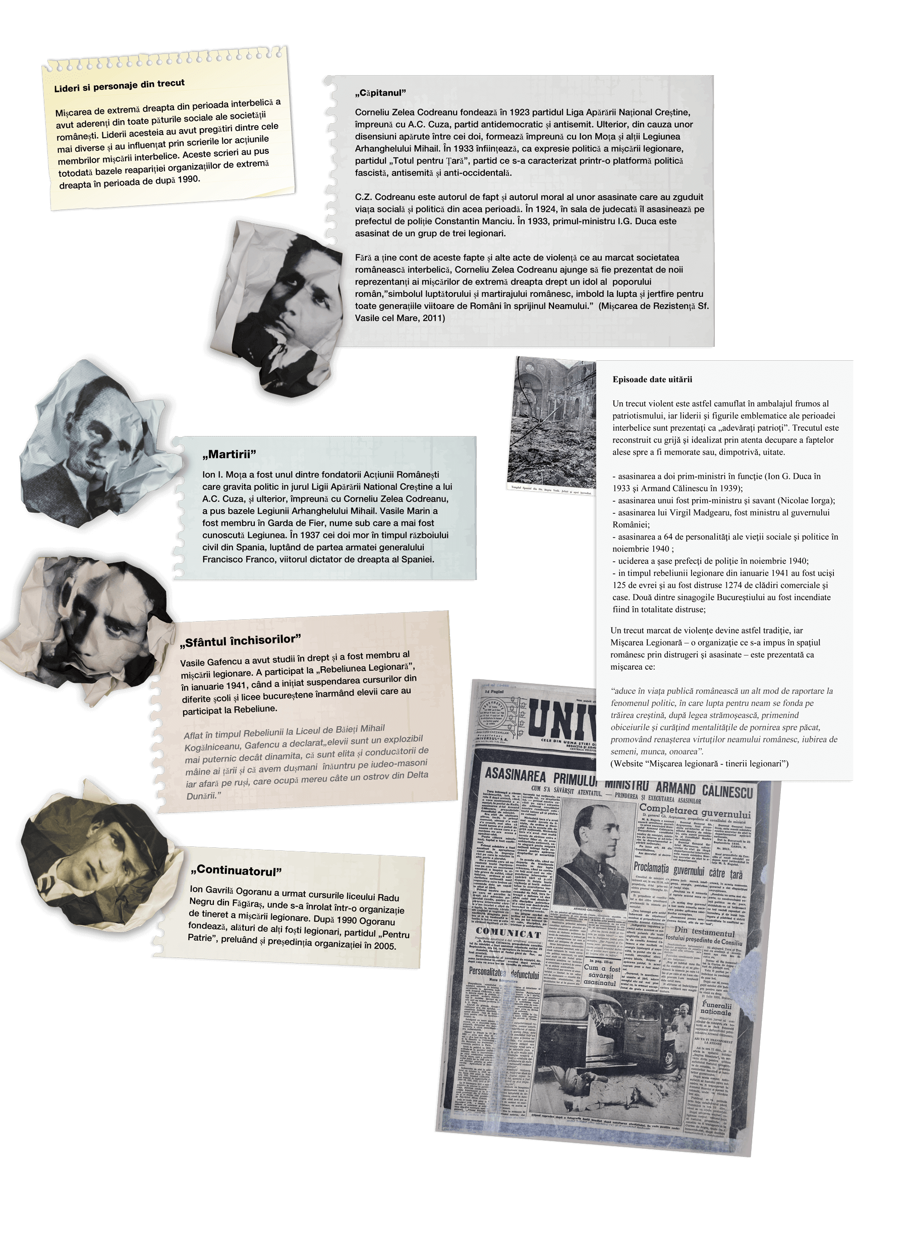 Wanderausstellung gegen Rechtsextremismus in Rumänien; Motiv-Idee: zerknüllte Fotos von Idolen rechter Gewalt, daneben Text zur Aufklärung