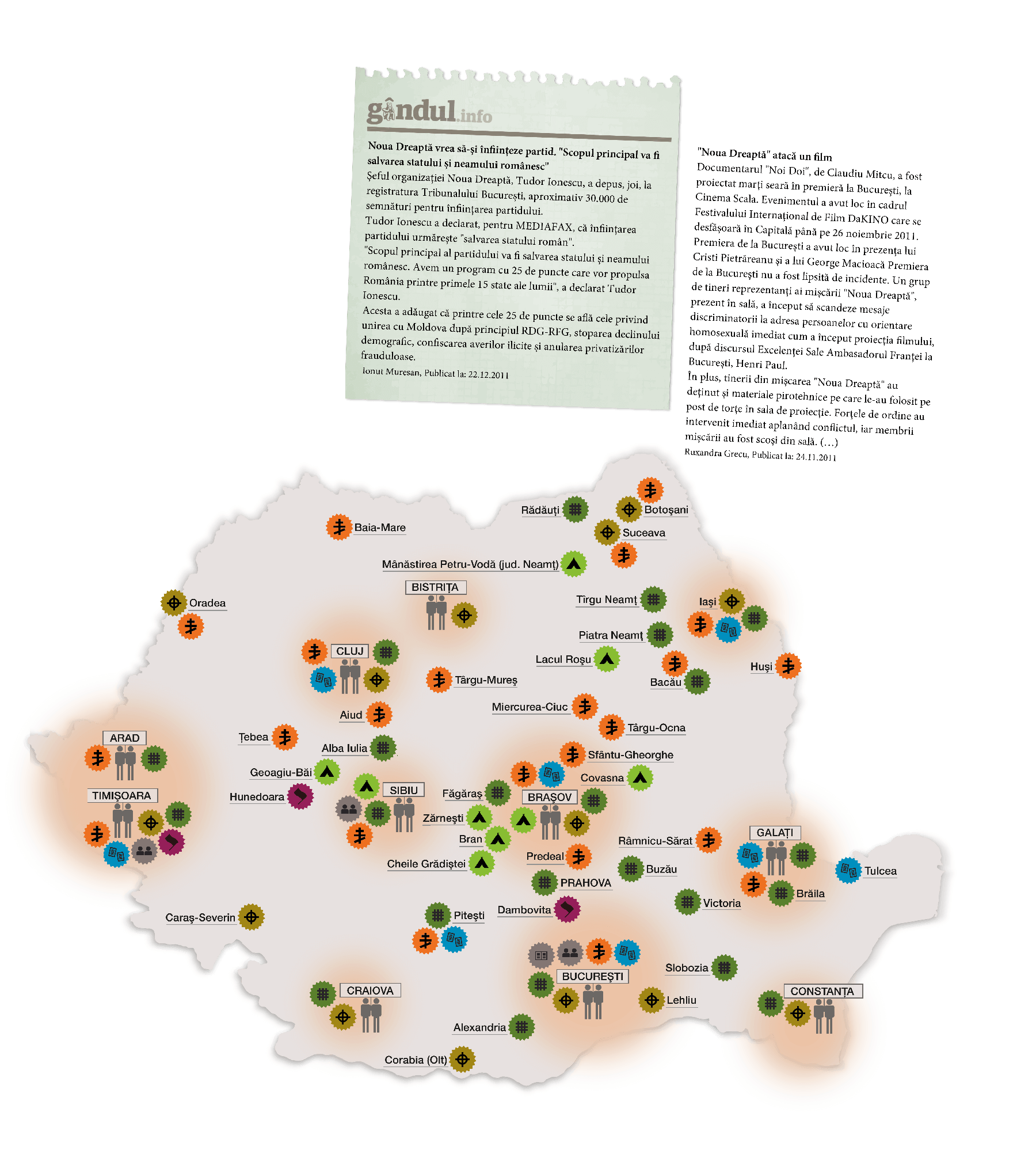 Wanderausstellung gegen Rechtsextremismus in Rumänien; Länderkarte Rumänien mit Orten rechter Gewalt