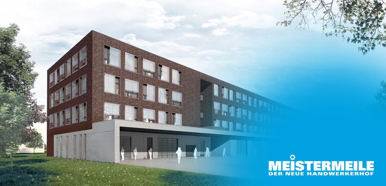 MEISTERMEILE - der neue Handwerkerhof in Hamburg; Ansicht des Gebäudes mit dem Logo