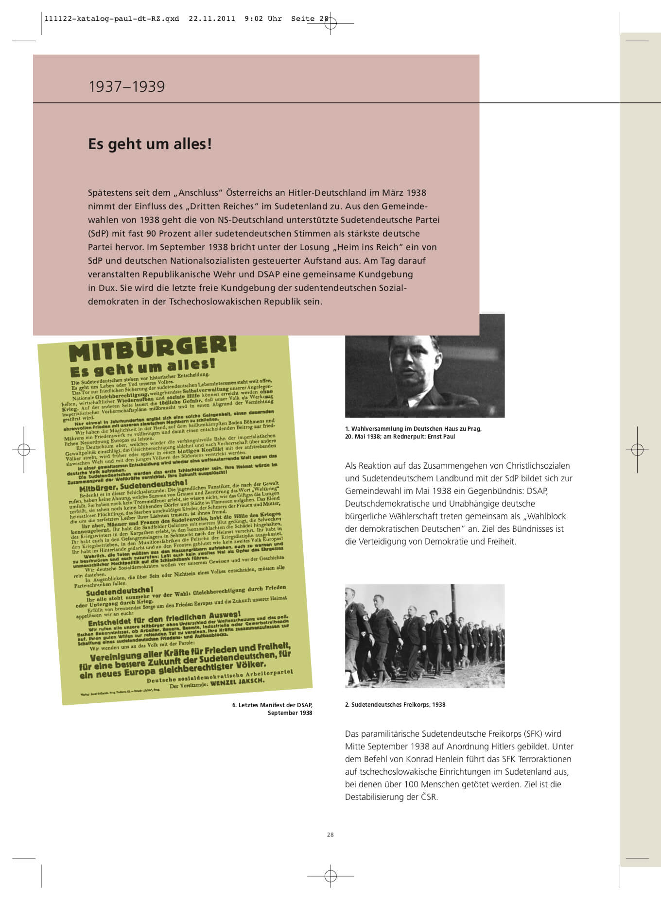 Leben von Ernst Paul; die Geschichte der sudentendeutschen Arbeiterbewegung, Broschüre Innen-Layout; die Jahre 1937-1939, Seite 1