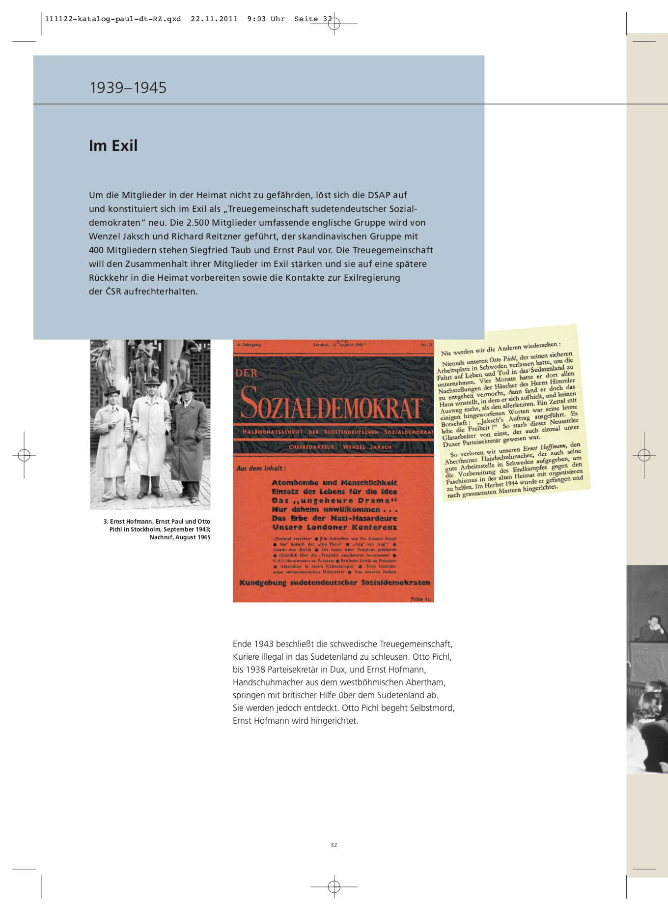 Leben von Ernst Paul; die Geschichte der sudentendeutschen Arbeiterbewegung, Broschüre Innen-Layout; die Jahre 1939-1945, Seite 1