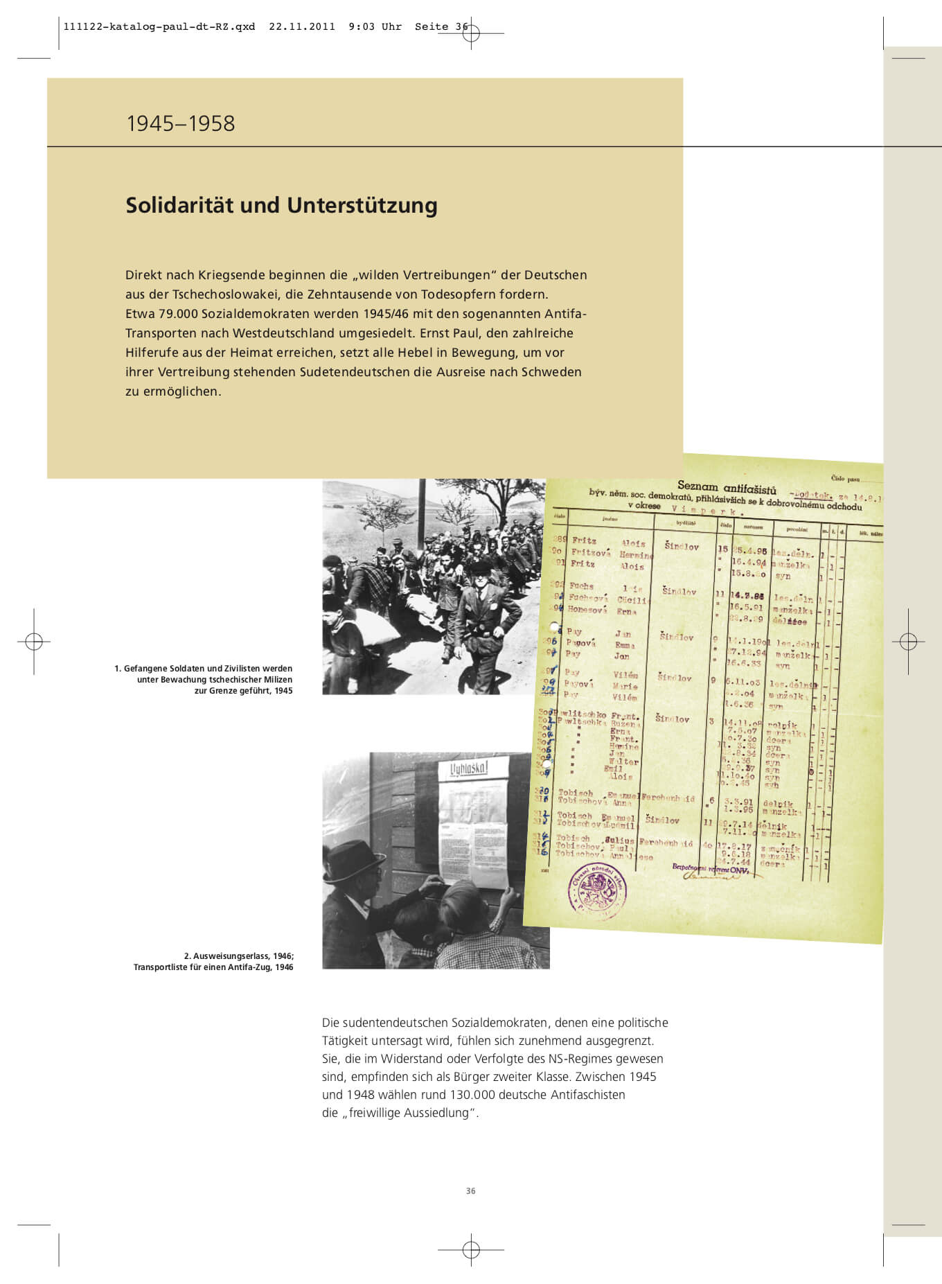 Leben von Ernst Paul; die Geschichte der sudentendeutschen Arbeiterbewegung, Broschüre Innen-Layout; die Jahre 1945-1958, Seite 1