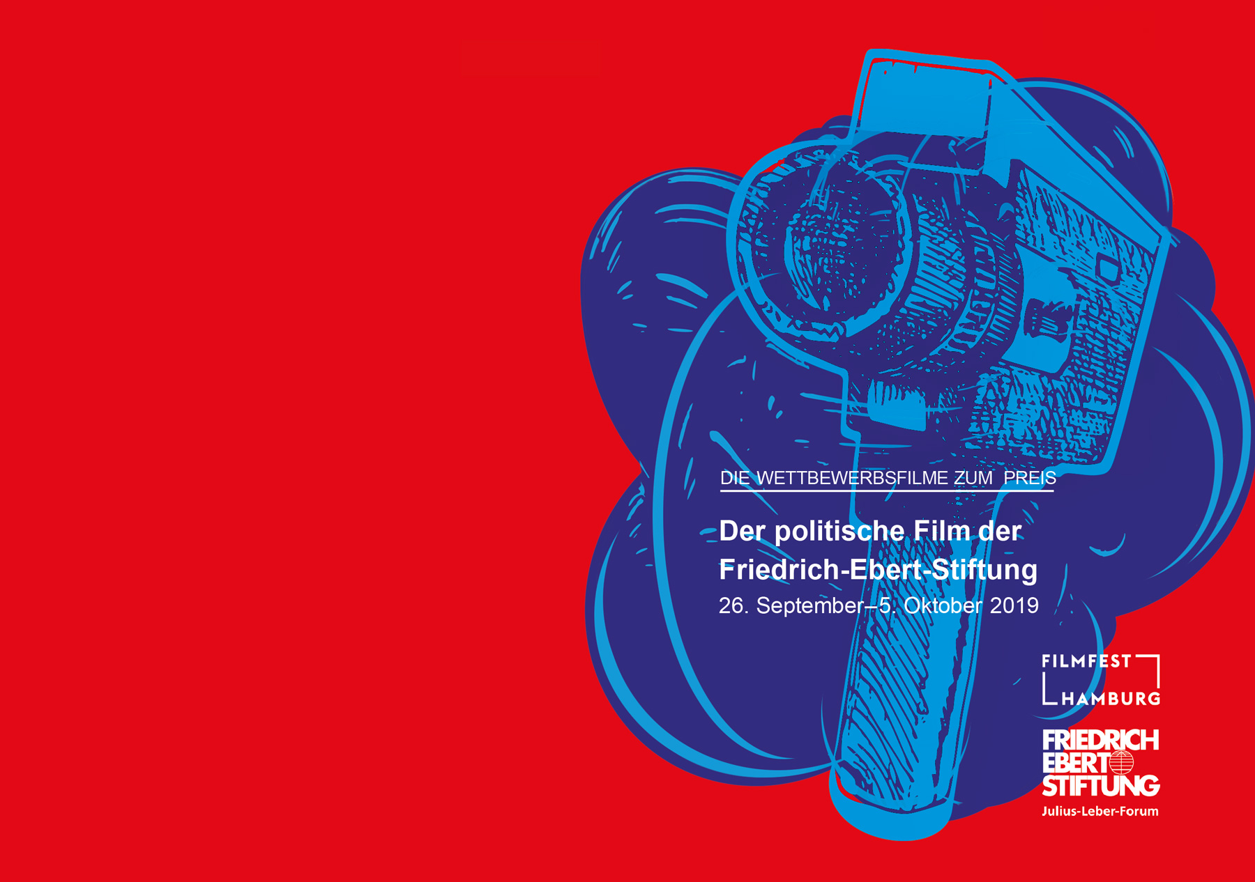 Flyer-Motiv Filmfestival; gezeichnete Super-8 Kamera über blauer expressiver Wolke, auf roten Farbhintergrund