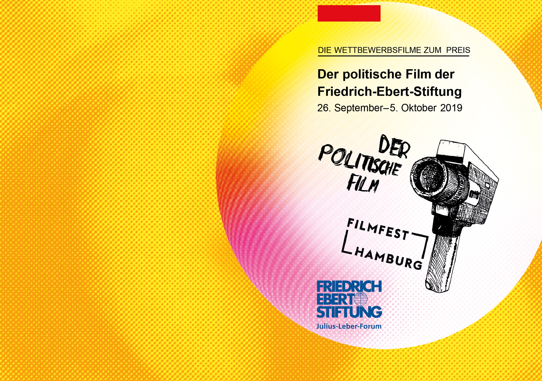 Flyer-Motiv Filmfestival; gezeichnete Super-8 Kamera über Schweinwerfer Spotlights, gelb variierender Farbhintergrund