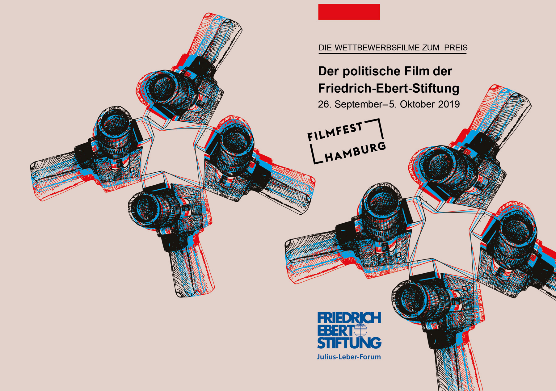 Flyer-Motiv Filmfestival; gezeichnete Super-8 Kamera arrangiert in zwei 4er Blöcken; die Kameras tanzen umeinander