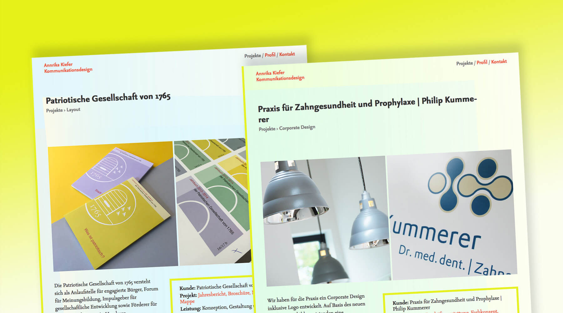 WebDesign Kommunikationsdesign  Annrika Kiefer Screenshots im Anschnitt; 2 mal Detailseite