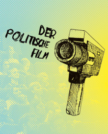 illustrierte Super8 Filmkamera, als Kugelschreiber Strichzeichnung; Hintergrund Kinopublikum abstraktiert.