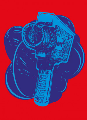 Flyer-Motiv Filmfestival; gezeichnete Super-8 Kamera über blauer expressiver Wolke, auf roten Farbhintergrund